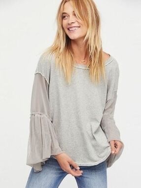 Free People Light Gray Long Sleeve Top with Sheer Ruffled Sleeves